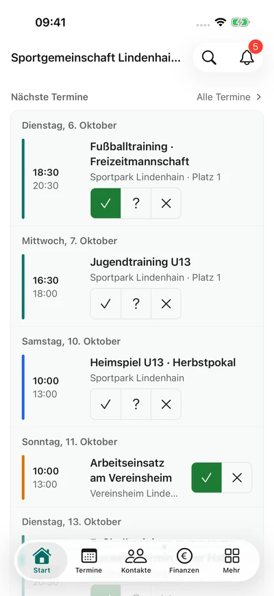 Dein Verein auf dem Handy – iPhone, Originalaufnahme mit fiktiven Vereinsdaten.