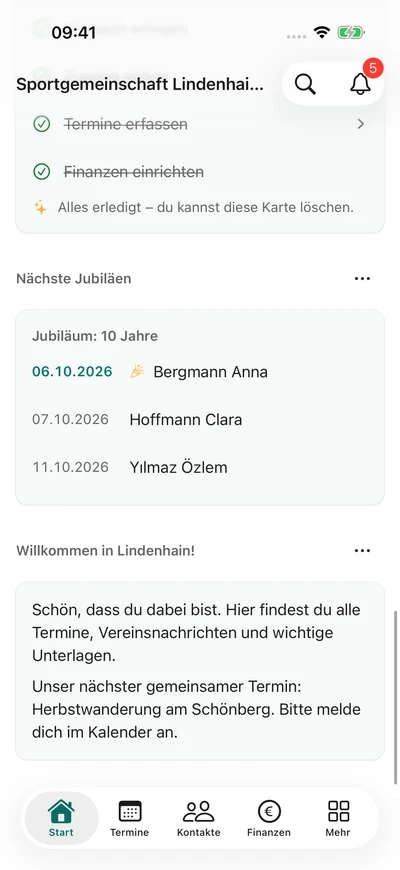 Dein Verein auf dem Handy · Willkommenskarte – iPhone, Originalaufnahme mit fiktiven Vereinsdaten.