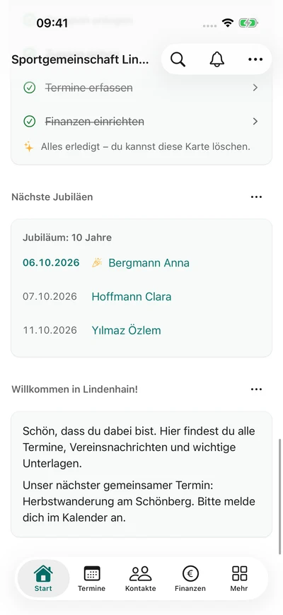Aufgaben im Vorstand · Jubiläen – iPhone, Originalaufnahme mit fiktiven Vereinsdaten.