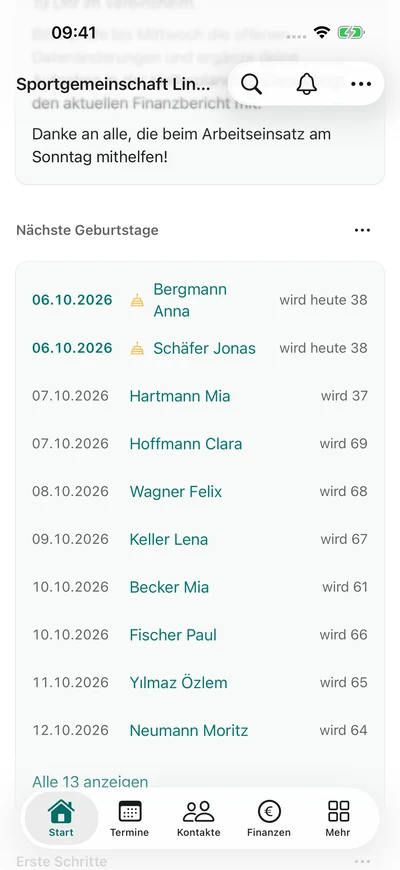 Aufgaben im Vorstand · Geburtstage – iPhone, Originalaufnahme mit fiktiven Vereinsdaten.