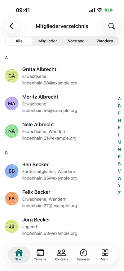 Mitgliederverzeichnis – iPhone, Originalaufnahme mit fiktiven Vereinsdaten.