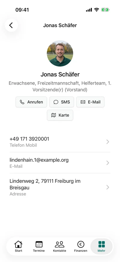 Ein Profil im Verzeichnis – iPhone, Originalaufnahme mit fiktiven Vereinsdaten.