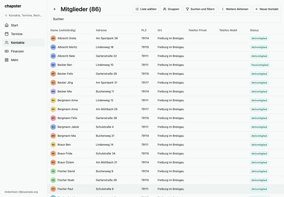 Mitglieder zusammenhalten im Web – Webversion, Originalaufnahme mit fiktiven Vereinsdaten.