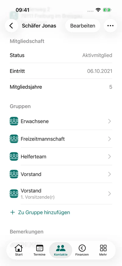 Mitgliedsprofil · Gruppen und Funktionen – iPhone, Originalaufnahme mit fiktiven Vereinsdaten.