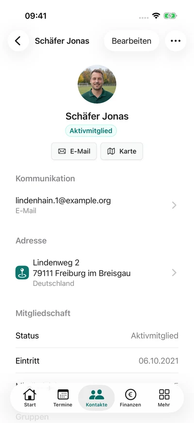 Mitgliedsprofil – iPhone, Originalaufnahme mit fiktiven Vereinsdaten.
