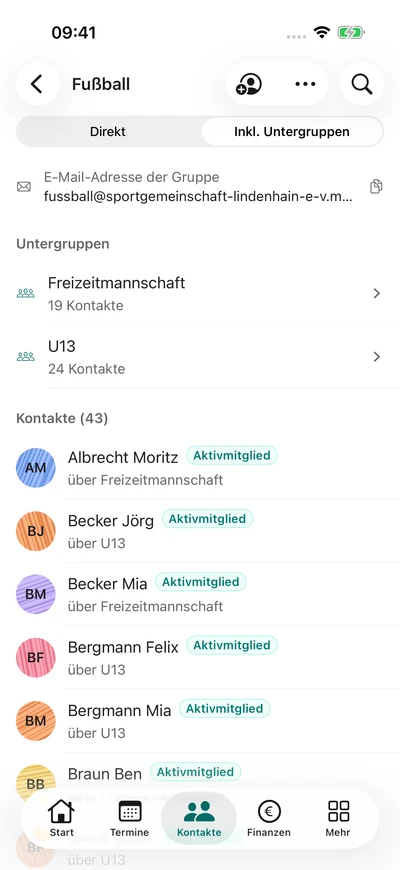 Gruppen und Untergruppen – iPhone, Originalaufnahme mit fiktiven Vereinsdaten.