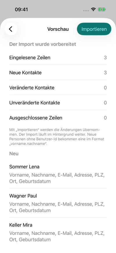 Kontakte importieren – iPhone, Originalaufnahme mit fiktiven Vereinsdaten.