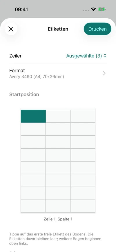 Adressetiketten vorbereiten – iPhone, Originalaufnahme mit fiktiven Vereinsdaten.