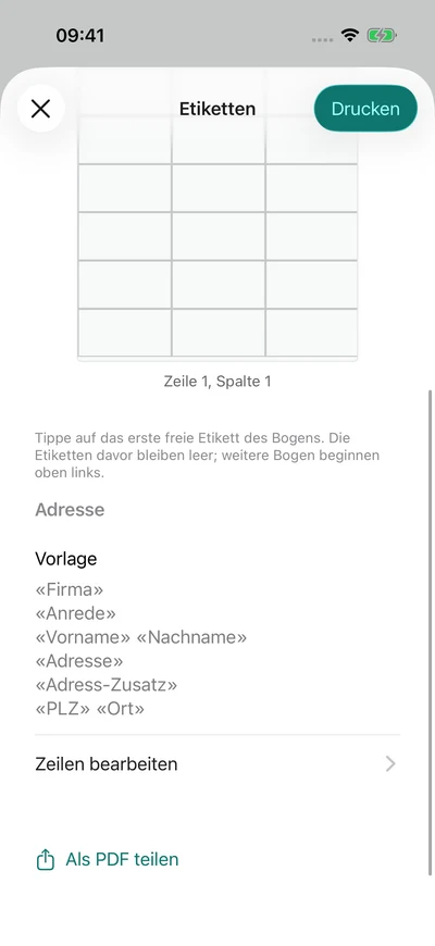 Adressetiketten vorbereiten · Adressvorlage – iPhone, Originalaufnahme mit fiktiven Vereinsdaten.
