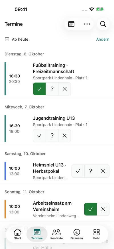 Deine nächsten Termine – iPhone, Originalaufnahme mit fiktiven Vereinsdaten.