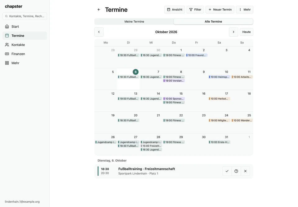 Deine nächsten Termine im Web – Webversion, Originalaufnahme mit fiktiven Vereinsdaten.