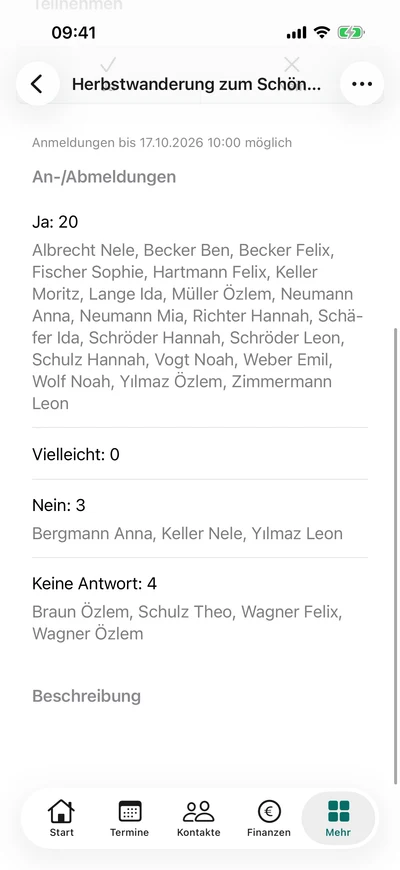 Zur Wanderung zusagen · Teilnehmerzahlen – iPhone, Originalaufnahme mit fiktiven Vereinsdaten.