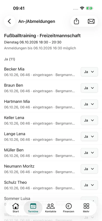 An- und Abmeldungen – iPhone, Originalaufnahme mit fiktiven Vereinsdaten.