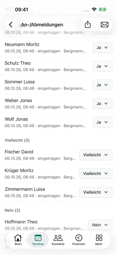 An- und Abmeldungen · Gemischte Antworten – iPhone, Originalaufnahme mit fiktiven Vereinsdaten.