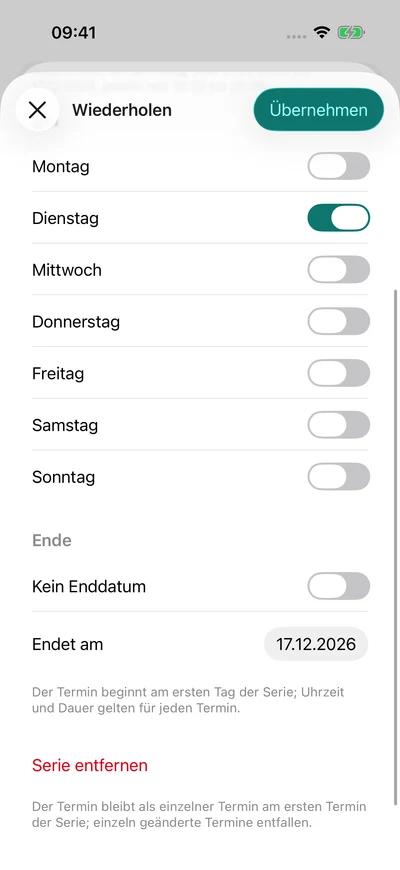 Training wiederholen · Ende der Wiederholung – iPhone, Originalaufnahme mit fiktiven Vereinsdaten.