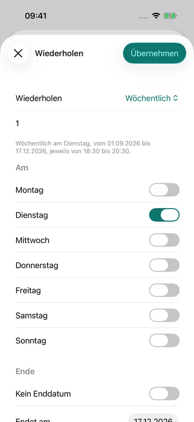 Training wiederholen – iPhone, Originalaufnahme mit fiktiven Vereinsdaten.