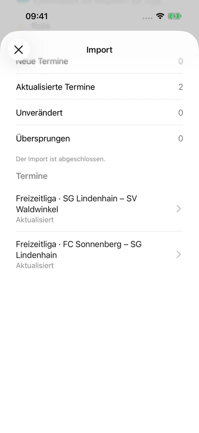 Kalenderimport ansehen – iPhone, Originalaufnahme mit fiktiven Vereinsdaten.