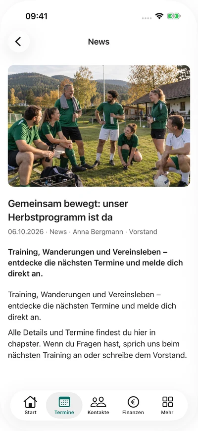 Vereinsnews lesen – iPhone, Originalaufnahme mit fiktiven Vereinsdaten.