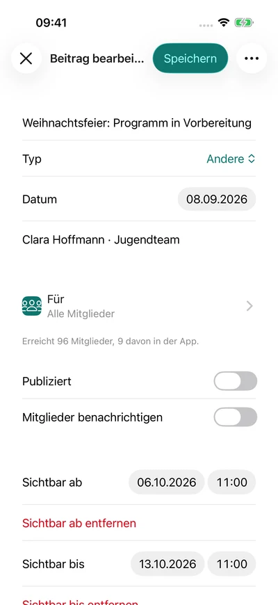 Vereinsnews vorbereiten – iPhone, Originalaufnahme mit fiktiven Vereinsdaten.