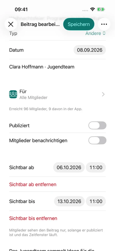 Vereinsnews vorbereiten · Veröffentlichungszeitraum – iPhone, Originalaufnahme mit fiktiven Vereinsdaten.