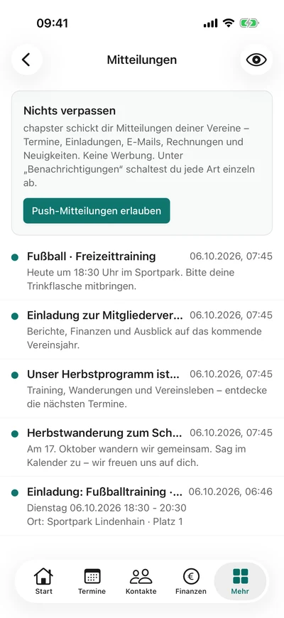 Mitteilungen in der App – iPhone, Originalaufnahme mit fiktiven Vereinsdaten.