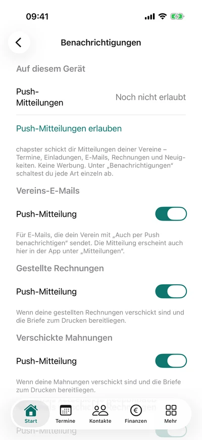 Eigene Benachrichtigungen – iPhone, Originalaufnahme mit fiktiven Vereinsdaten.
