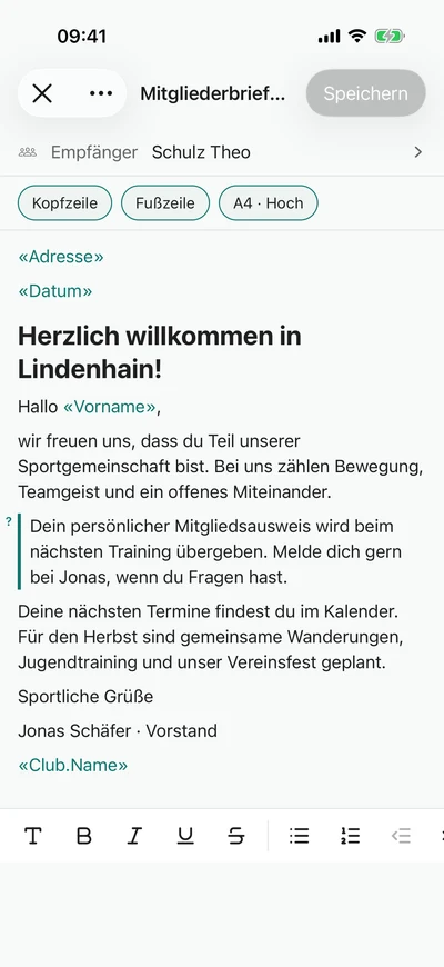 Mitgliederbrief bearbeiten – iPhone, Originalaufnahme mit fiktiven Vereinsdaten.