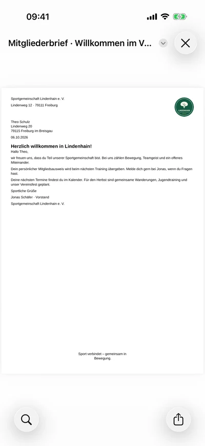 Persönlichen Brief ansehen – iPhone, Originalaufnahme mit fiktiven Vereinsdaten.