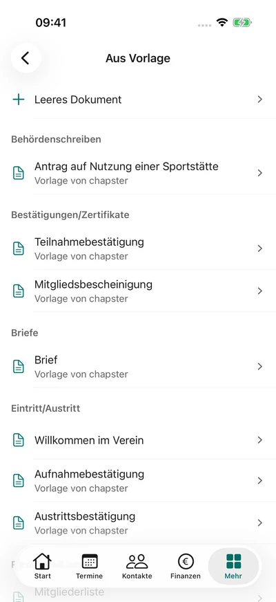 Dokumentvorlagen – iPhone, Originalaufnahme mit fiktiven Vereinsdaten.