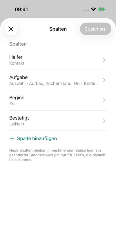 Tabellenspalten einrichten – iPhone, Originalaufnahme mit fiktiven Vereinsdaten.