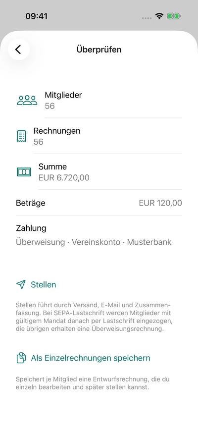 Beitragslauf vorbereiten – iPhone, Originalaufnahme mit fiktiven Vereinsdaten.