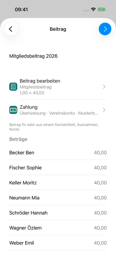 Beitragslauf vorbereiten · Förderbeiträge – iPhone, Originalaufnahme mit fiktiven Vereinsdaten.