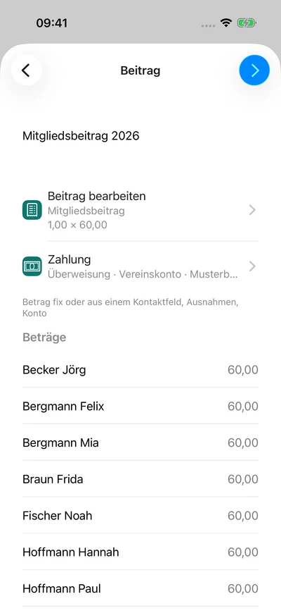 Beitragslauf vorbereiten · Jugendbeiträge – iPhone, Originalaufnahme mit fiktiven Vereinsdaten.