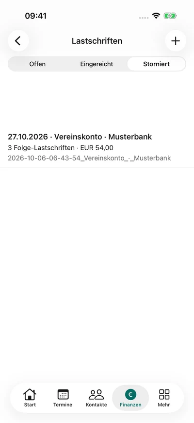 SEPA-Lastschriften · Stornierte Lastschriften – iPhone, Originalaufnahme mit fiktiven Vereinsdaten.