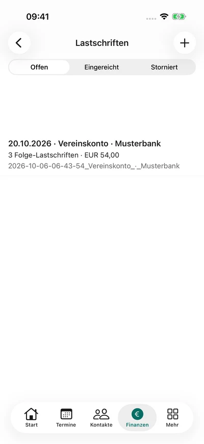 SEPA-Lastschriften – iPhone, Originalaufnahme mit fiktiven Vereinsdaten.
