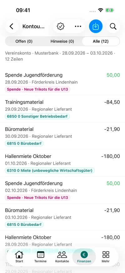 Bankimport prüfen – iPhone, Originalaufnahme mit fiktiven Vereinsdaten.