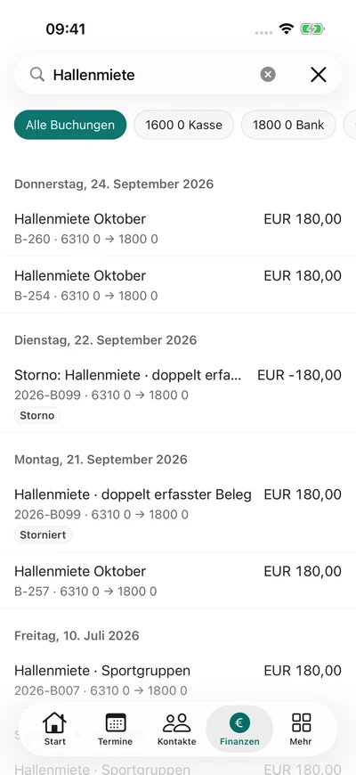 Das Buchungsjournal – iPhone, Originalaufnahme mit fiktiven Vereinsdaten.