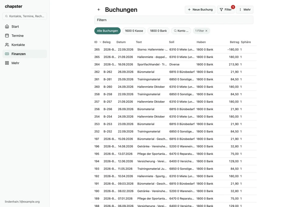 Das Buchungsjournal im Web – Webversion, Originalaufnahme mit fiktiven Vereinsdaten.