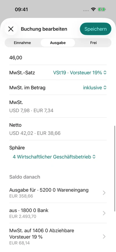 Buchung mit Währung und Steuer · Vorsteuer-Auswahl – iPhone, Originalaufnahme mit fiktiven Vereinsdaten.
