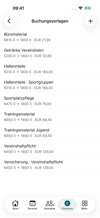Buchungsvorlagen – iPhone, Originalaufnahme mit fiktiven Vereinsdaten.