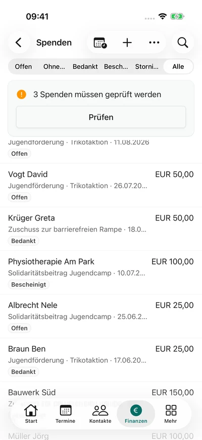 Spenden im Überblick – iPhone, Originalaufnahme mit fiktiven Vereinsdaten.
