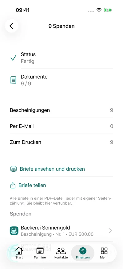 Spendenbescheinigungen – iPhone, Originalaufnahme mit fiktiven Vereinsdaten.