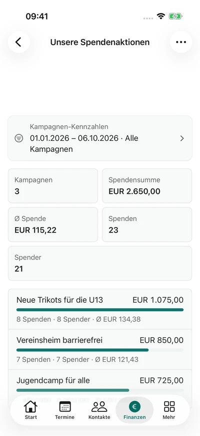 Spendenbericht – iPhone, Originalaufnahme mit fiktiven Vereinsdaten.