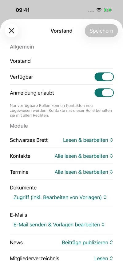 Rollen und Berechtigungen – iPhone, Originalaufnahme mit fiktiven Vereinsdaten.