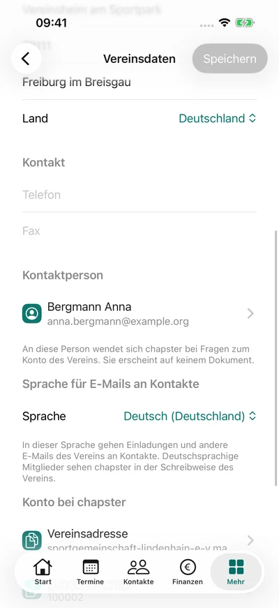 Vereinsdaten · Kontaktperson – iPhone, Originalaufnahme mit fiktiven Vereinsdaten.