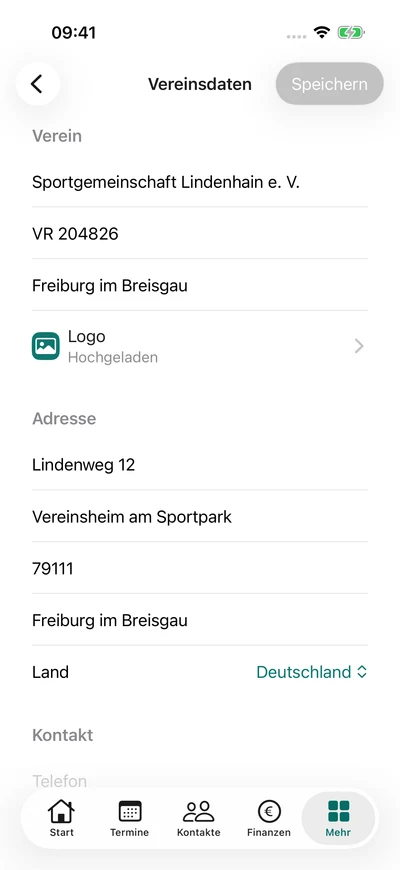 Vereinsdaten – iPhone, Originalaufnahme mit fiktiven Vereinsdaten.