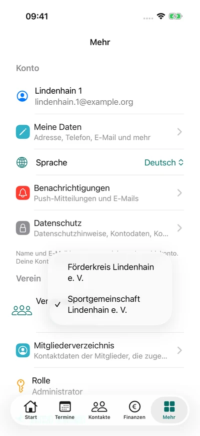 Zwischen Vereinen wechseln – iPhone, Originalaufnahme mit fiktiven Vereinsdaten.