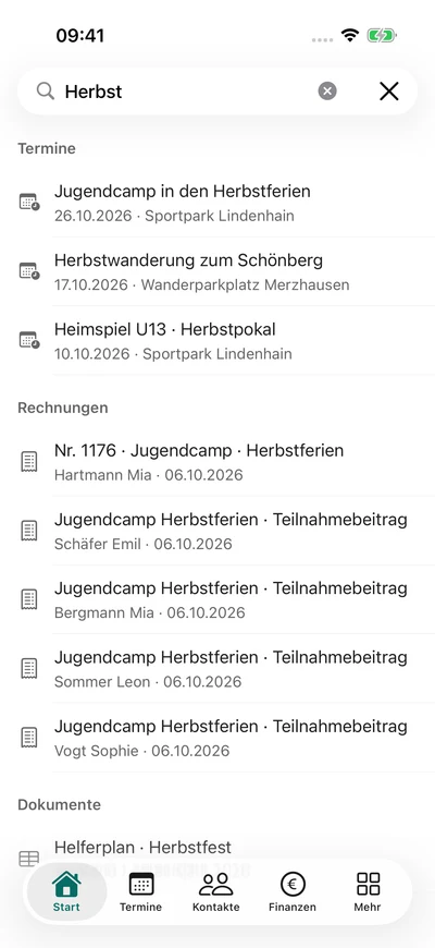 Übergreifend suchen – iPhone, Originalaufnahme mit fiktiven Vereinsdaten.