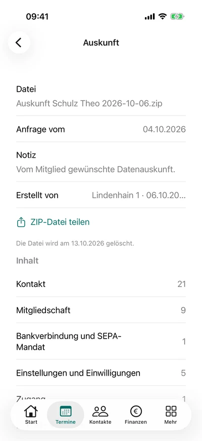 Auskunft zu einem Kontakt – iPhone, Originalaufnahme mit fiktiven Vereinsdaten.
