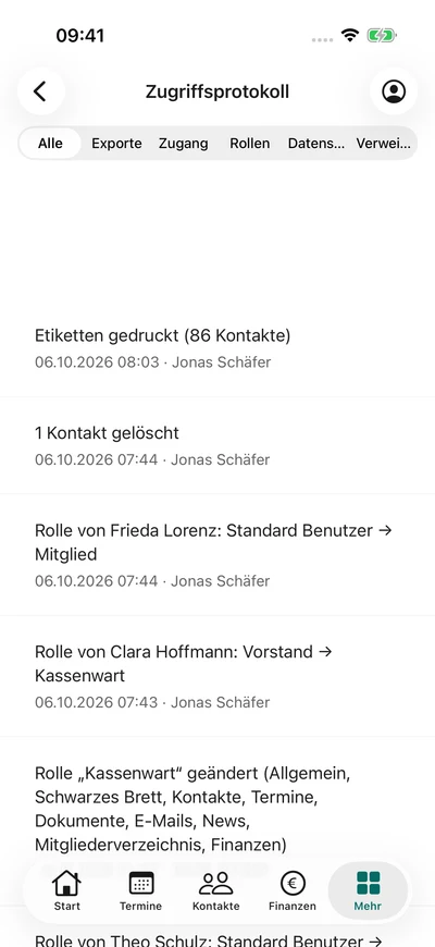 Das Zugriffsprotokoll – iPhone, Originalaufnahme mit fiktiven Vereinsdaten.